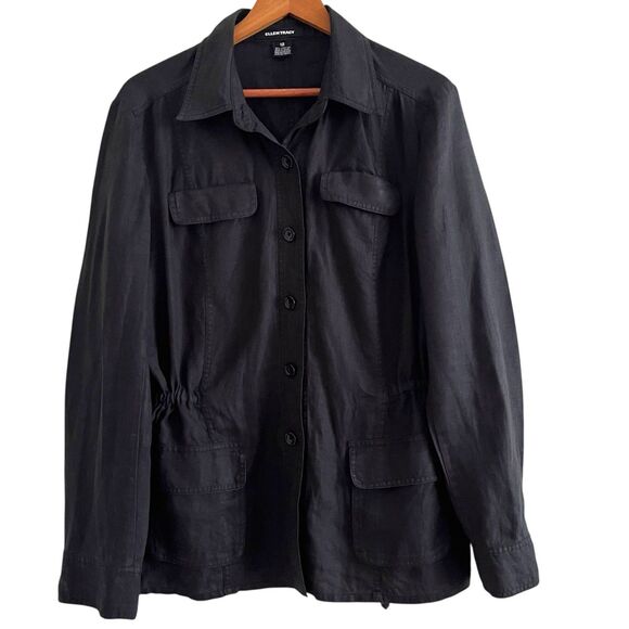Vintage Ellen Tracy Linen Lightweight Jacket 12 Black Old Money Preppy Nautical - Picture 1 of 11